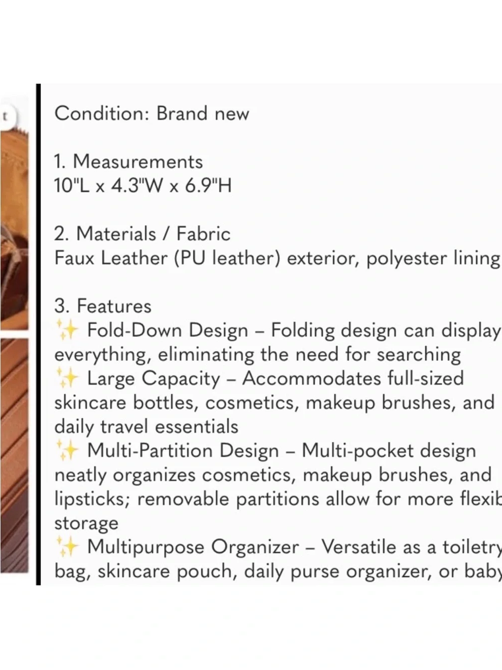 PU Leather Large Capacity Cosmetic Bag with Fold-Down Design and Adjustable